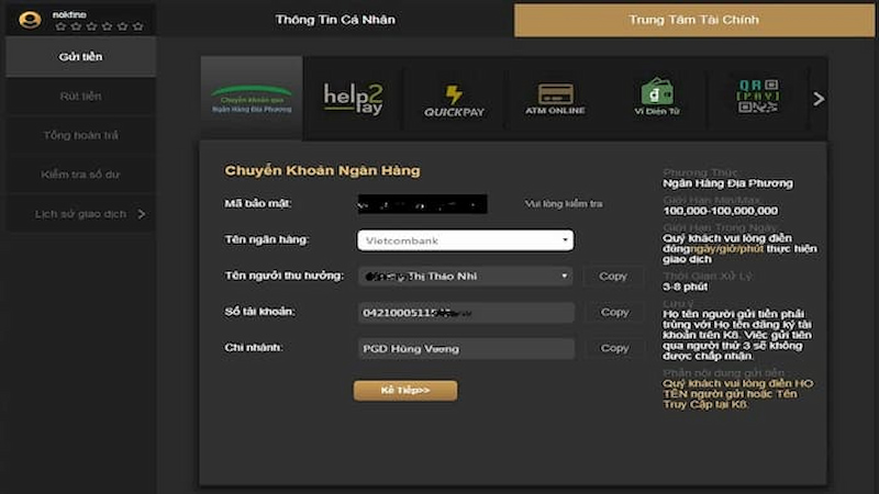 Nạp tiền vào K8 bằng hình thức chuyển khoản ngân hàng